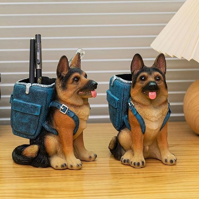 German Shepherd Pen Holder, Office Desk Organizer, Pencil Holder with Backpack, Decorative Resin Dog Statue, Pen Storage for Office, School, Home, Ideal Gift for Dog Lovers (A)