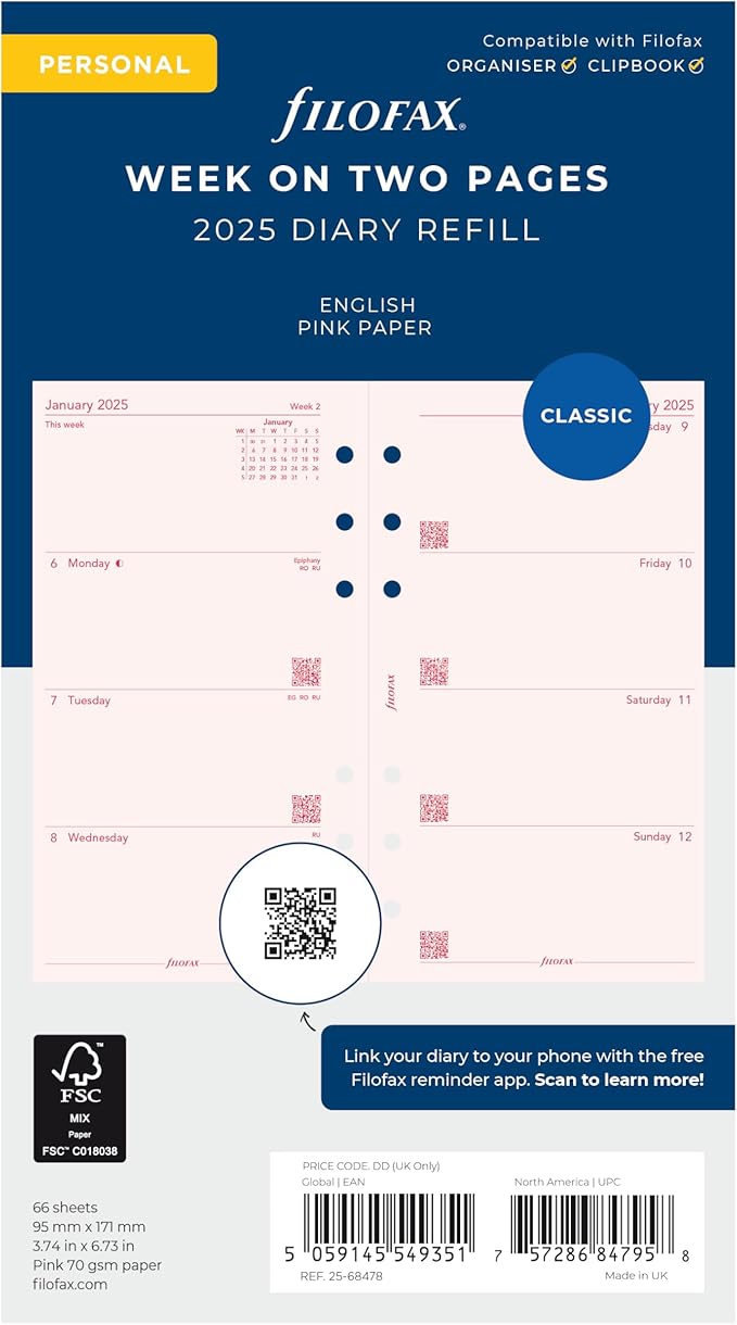 Filofax Calendar Diary Refill, Personal/Compact Size, Week-to-View, Pink Paper, Unruled, English, 2025 (C68478-25)