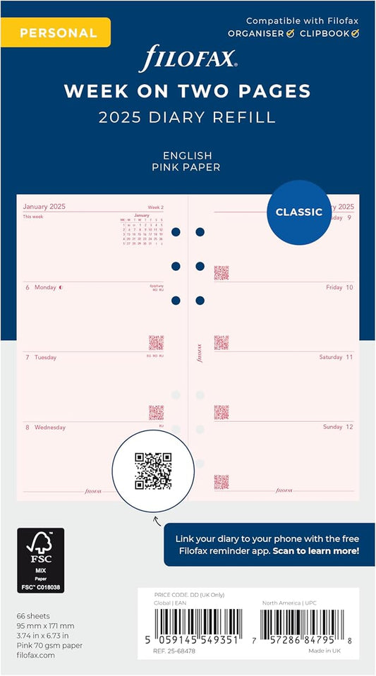 Filofax Calendar Diary Refill, Personal/Compact Size, Week-to-View, Pink Paper, Unruled, English, 2025 (C68478-25)