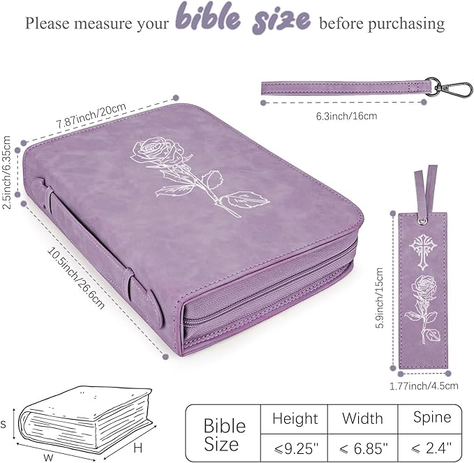 Bible Covers for Women, Leather Bibles Study Case with Bookmark for Men, Bible Supplies Carrying Bag Tote with Strap,Personalized Book Church Organizer Bag (Purple)