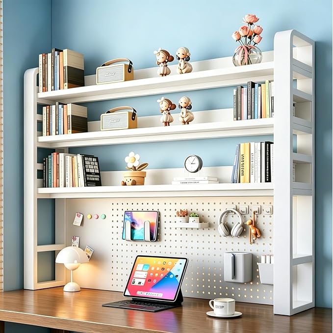 Desk Shelf Organizer with Pegboard & Storage Parts, 45kg Heavy Duty Desk Hutch, Desktop Storage Rack for Office & Home Office Shelves White Shelf/Whiteboard (4-Tier) 29.5×10×48.5"
