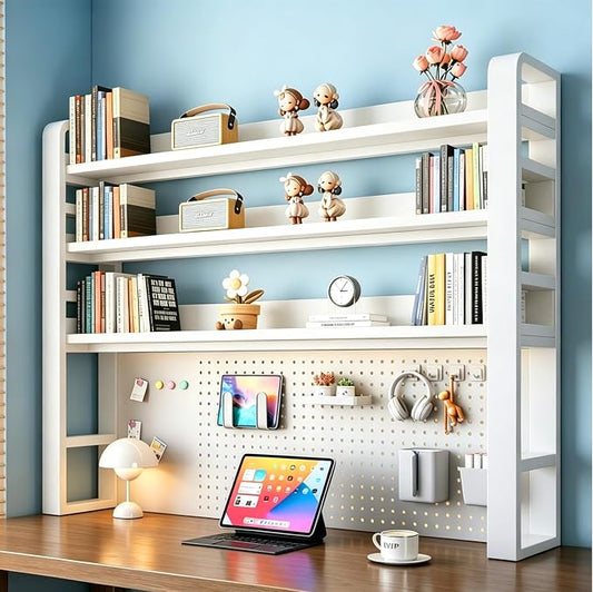 Desk Shelf Organizer with Pegboard & Storage Parts, 45kg Heavy Duty Desk Hutch, Desktop Storage Rack for Office & Home Office Shelves White Shelf/Whiteboard (4-Tier) 21.7×10×48.5"