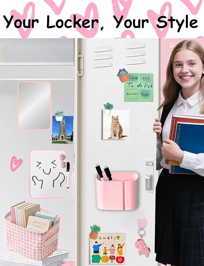 Pink Locker Accessories Kit for Girls with Locker Mirror, Pen Holder, Magnetic Whiteboard, Storage Basket, Magnets, 14 Piece Locker Organizer & Decor for School Work Locker, Back to School Essentials