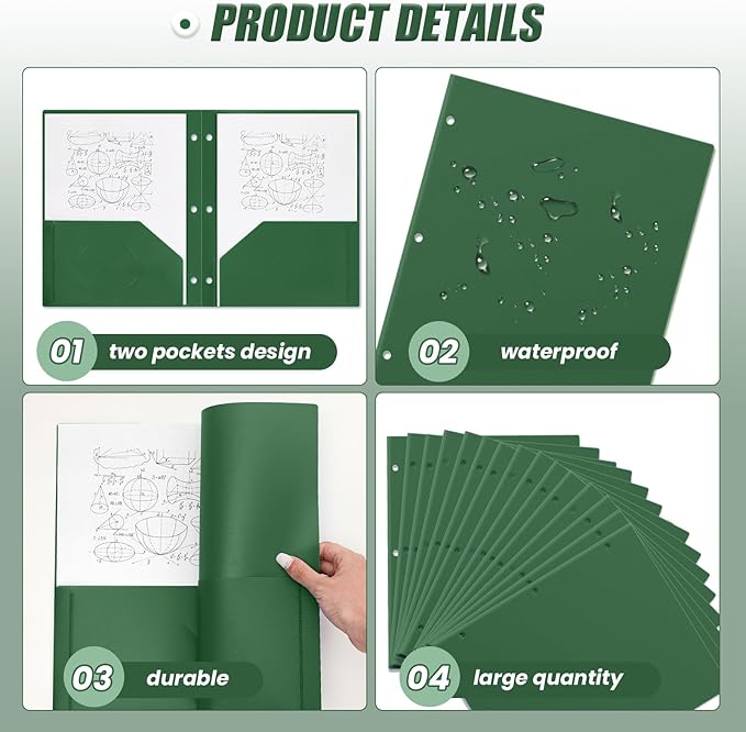 Yeaqee 50 Pcs Plastic Folders with Pockets Bulk 3 Hole Punched 2 Pocket File Folders for 3 Ring Binder Divider Folder for Notebooks, Durable Poly for Office Home (Dark Green)