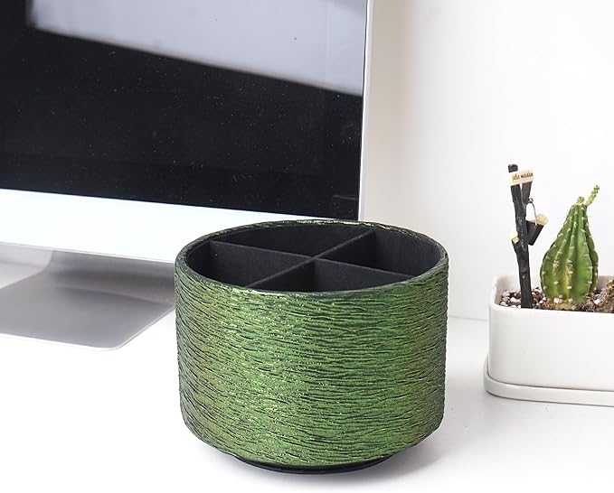 Round Leather Art Supply Organizer,Remote Control Holder,360-degree Rotating Pen Organizer with 4 Compartments(1-Light Tree Green)