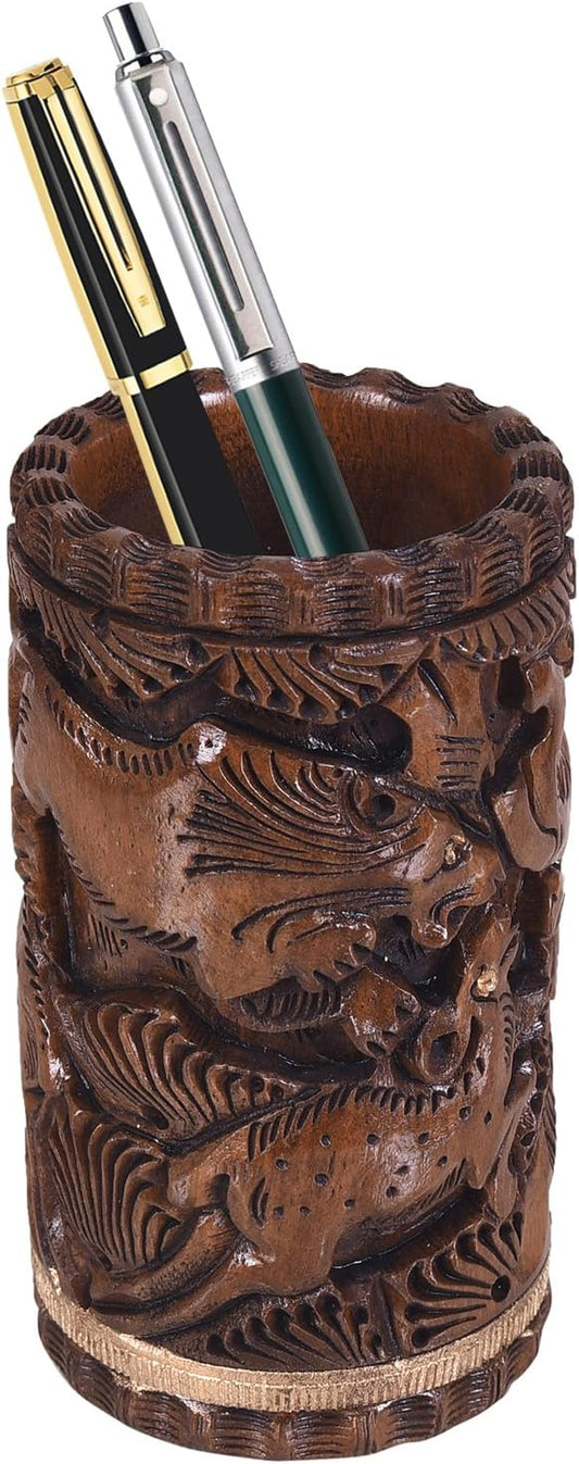 Craft Trade Premium Handcrafted Wooden Desk Organizer - Hand Carved Pen & Pencil Holder for Study Table - Natural Wood Stationery Storage Box, Elegant Office Desk Accessory