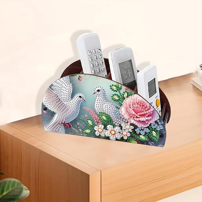 Remote Control Holder with 4 Compartments, DIY Diamond Art Painting Wooden Half Moon TV Control Holder for Remote Controllers, Office Supplies, Makeup Brush, Media Accessories-Pigeon-2