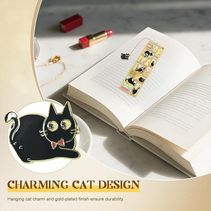 Black Cat Bookmark with Charm - Metal Book Markers for Cat Lovers, Comes with Storage Box | Lightweight, Durable Reading Accessories & Gift for Bookworms, Teachers, Readers