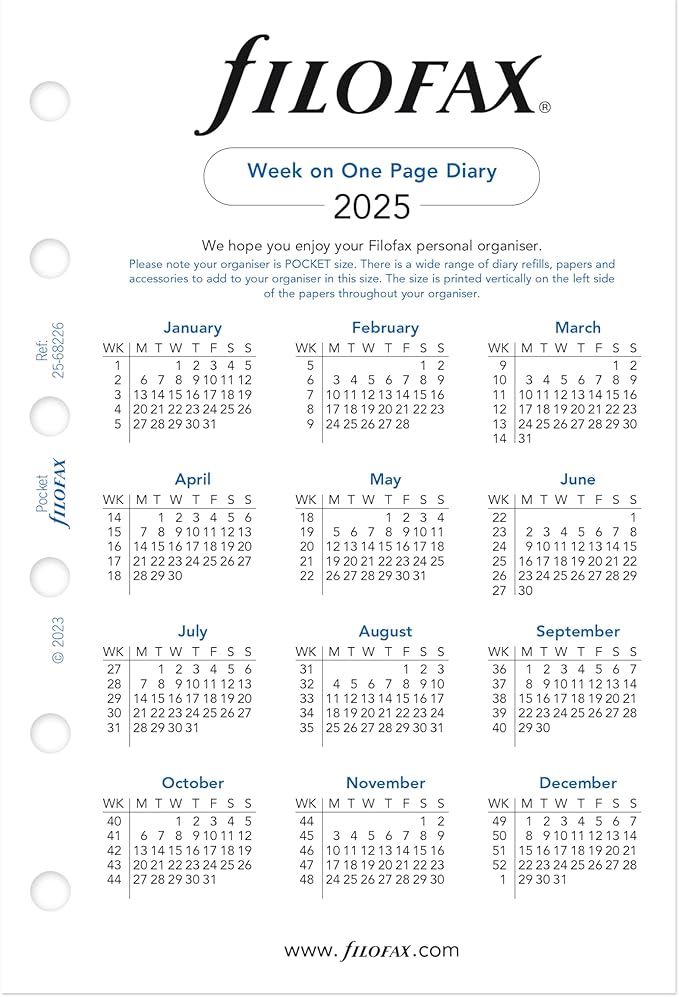 Filofax Calendar Diary Refill, Pocket Size, Week on One Page, White Paper, Unruled, English, 2025 (C68226-25)