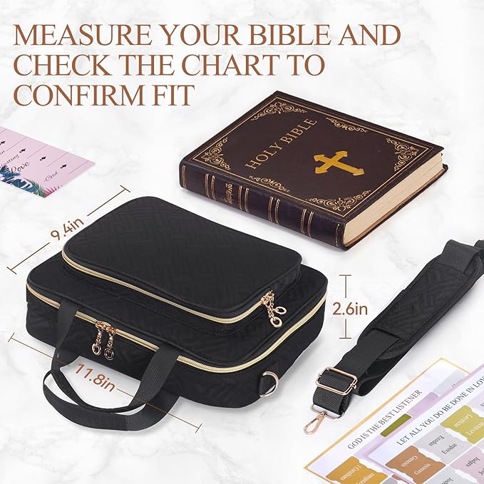 Bible Cover Case for Women Elegant Carrying Bag with Handles & Shoulder Strap Large Bible Storage Bag–Includes Bible Study Supplies Highlighters(Black, L)