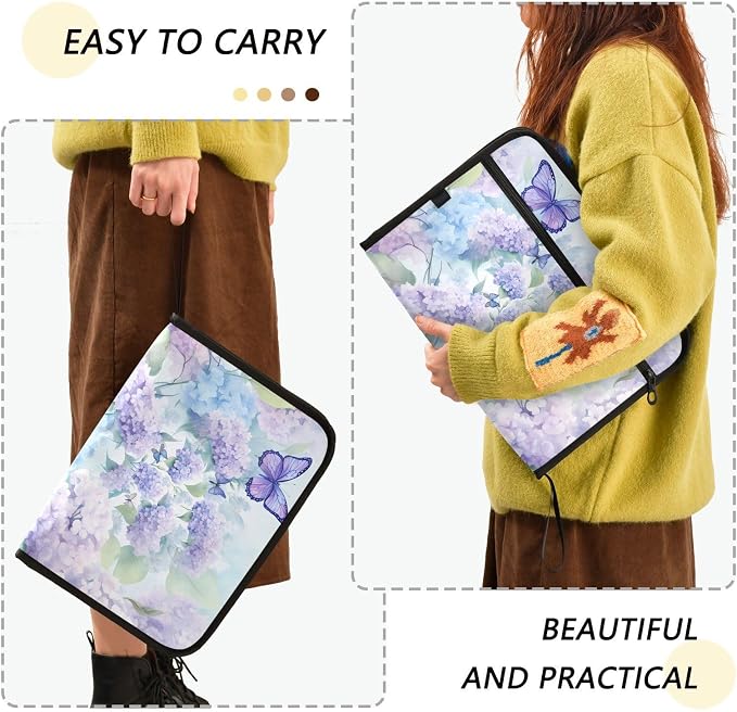 Expanding File Folder Purple Hydrangea Flower Butterfly Accordion File Organizer 13 Pockets Document Organizer with Zipper Labels A4 Letter Office Storage