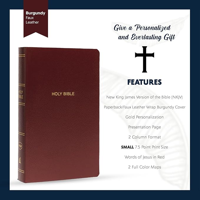 Personalized NKJV Bible Faux Leather Small Print Economy Bible with Custom Name at The Lower Right Side & Red-Highlighted Verses, Custom Gift for Christian & Religious Events | Burgundy