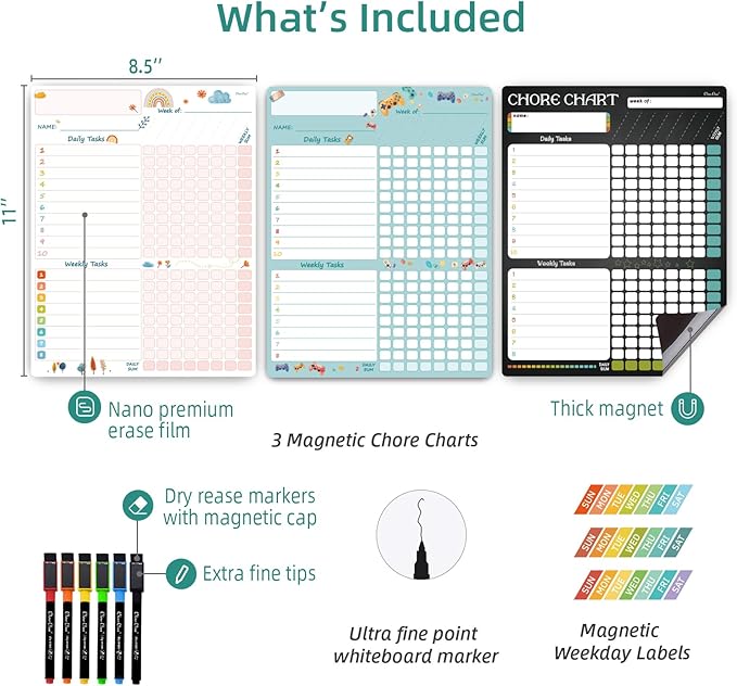 Magnetic Dry Erase Chore Chart - 8.5"x11" Behavior Responsibility Chore Board, Reward Chart for Kids, Teenagers - 6 Extra Fine Point Markers Included - Shipped Flat