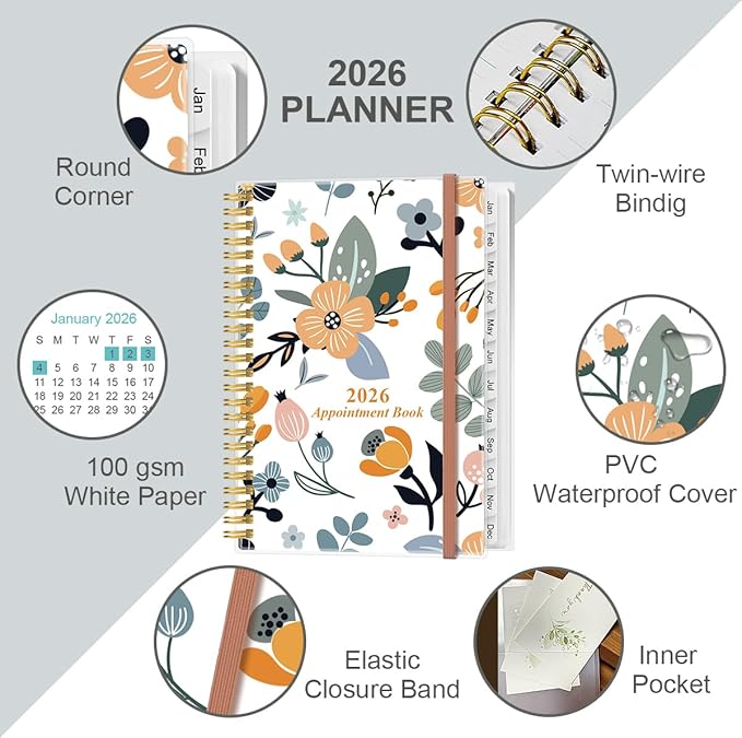 2026 Appointment Book & Planner - 2026 Daily Hourly Planner from January 2026 - December 2026, Weekly Appointment Book with 30-Minute Interval, Medium 6.4" x 8.5", Rose Flower