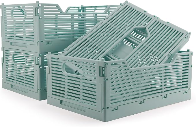 4-Pack Plastic Crates for Storage, Collapsible Storage Crates Stackable, Space-Saving Foldable Crate for Home Kitchen Classroom Office Bedroom Bathroom (12''x8.07''x4.92'', Blue)