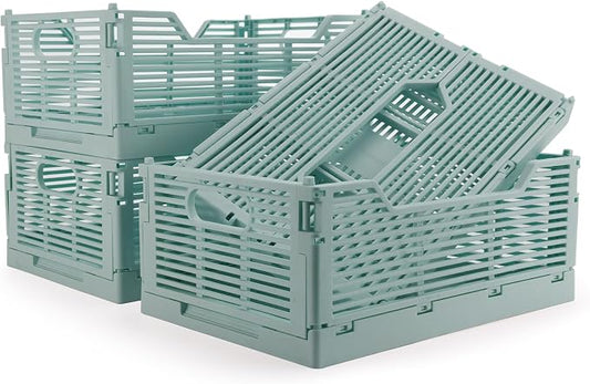 4-Pack Plastic Crates for Storage, Collapsible Storage Crates Stackable, Space-Saving Foldable Crate for Home Kitchen Classroom Office Bedroom Bathroom (12''x8.07''x4.92'', Blue)