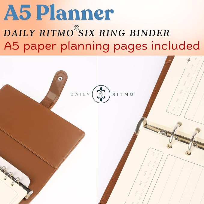 DAILY RITMO® A5 White Checkered Planner with Brown Inside | PU Leather Six Ring Cover