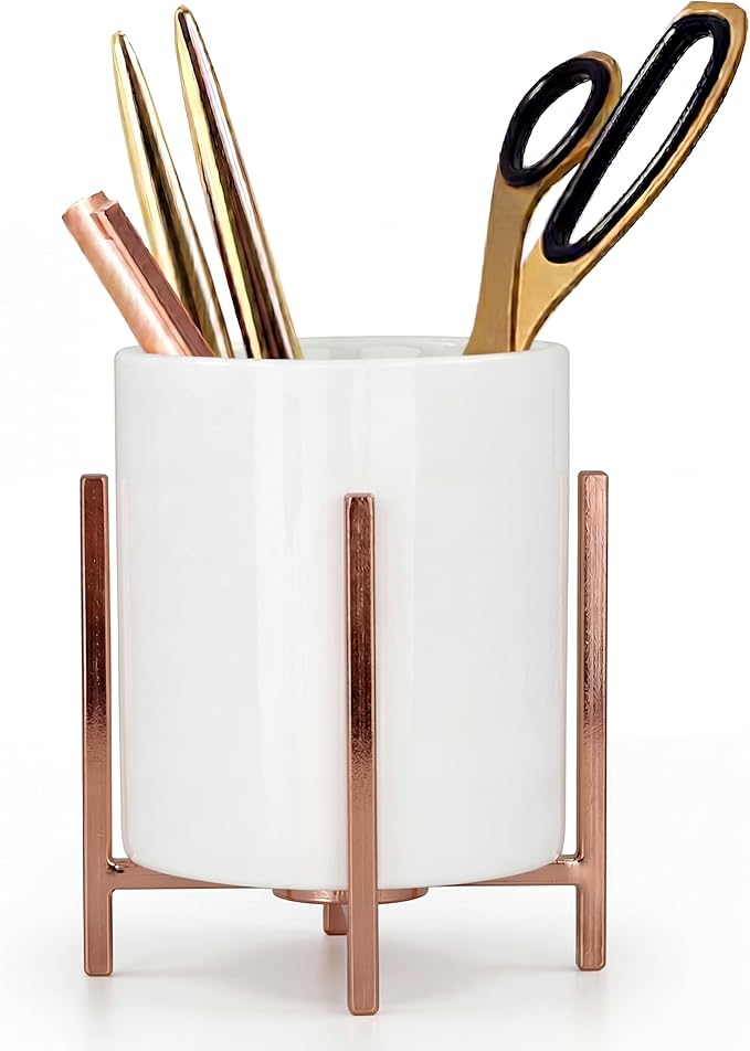 Pen Cup Holder for Ladies, Desk Pencil Holder for Women, Cute Makeup Brush Holder, Large Ceramic Cup with Rose Metal Frame, Office Desk Supplies for Women