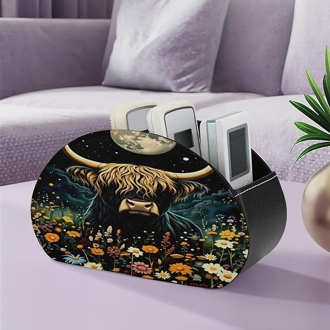 Highland Cow Starry Night Art Remote Control Holder with 5 Compartment PU Leather Multi Functional Desk Storage for TV Remotes Office Supplies