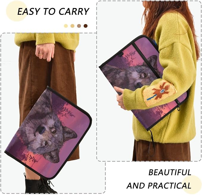Wolf Purple Accordion File Organizer Expanding Document Folder with 13 Pockets Portable File Folder for A4 Letter Size