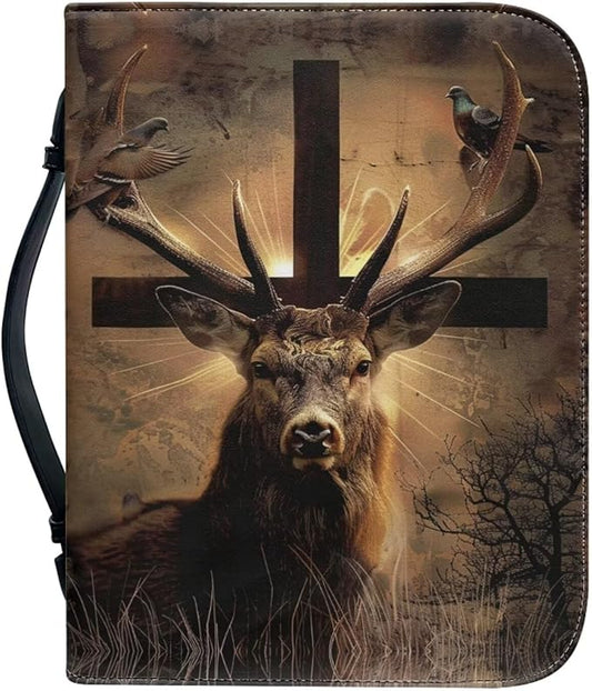 Leather Bible Cover for Men/Large Bible Case/Book Carrying Case with Pen Slot-Church Bag for Lady,Deer and Cross,Small