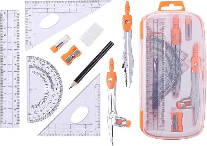 Vobou Math Geometry Kit Sets 10 Piece Student Supplies with Shatterproof Storage Box,Includes Rulers,Protractor,Compass,Eraser,Pencil Sharpener,Lead Refills,Pencil,for Drafting（Orange）