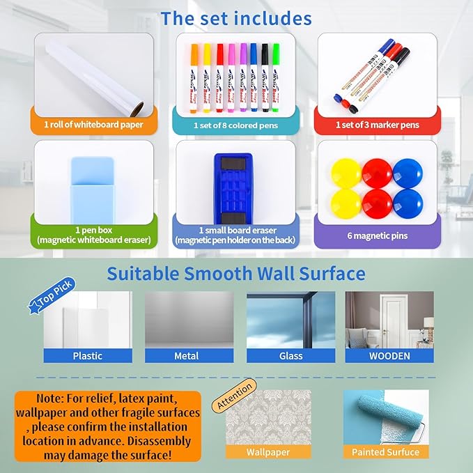 Extra Large Magnetic Dry Erase Whiteboard 65"x36" - Self-Adhesive Flexible Wall Board for Office, Training, Home Office w/ 11 Markers, 6 Magnets, Eraser & Holder, Ultra Smooth, No Ghosting, Easy Erase
