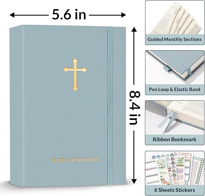 SUNEE Christian Bible Study & Prayer Journal – Undated 6-Month Scripture Notebook for Daily Devotional & Faith Growth, Meaningful Religious Gift for Women, Men, Pastor or Graduation (Grey Blue)