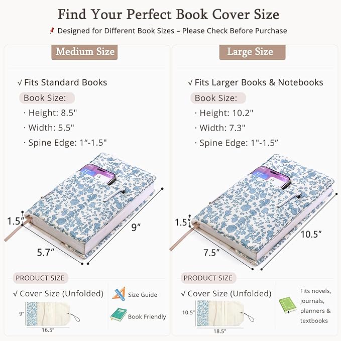 Aplufine Adjustable Fabric Book Cover with Elastic Band, Washable Reusable Book Sleeve for Hardcover Books, Textbooks, Novels & Journals, Book Protector with Pocket & Bookmark,Book Gift