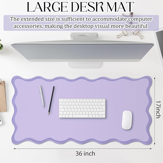 Hahafelt Scalloped Desk Mat Large Desk Pad Cute Coquette Table Mat Back to School Preppy Table Make up Pad Nonslip Graduation Gift with Stitching Waterproof Gaming(Purple,36 x 17 Inches)