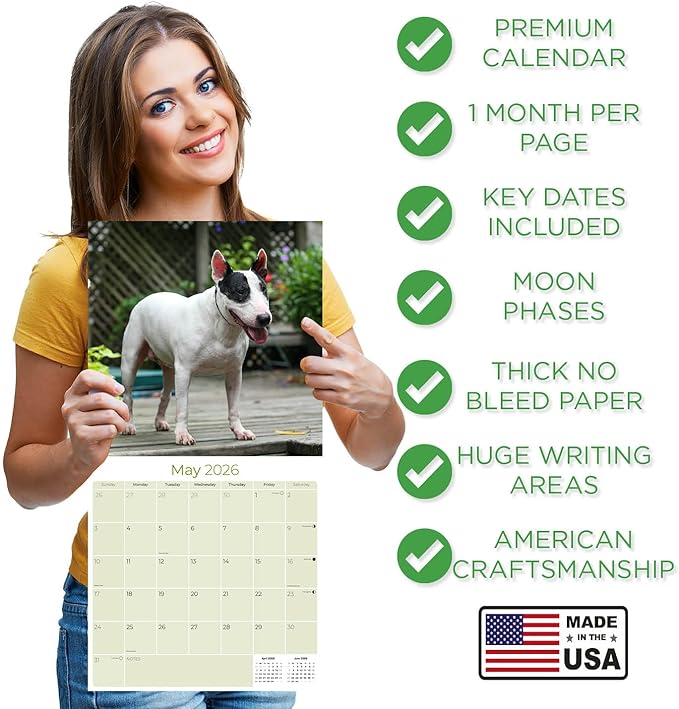 Bull Terrier Calendar 2026 by MegaCalendars – Monthly Dog Breed Wall Calendar, Made in USA