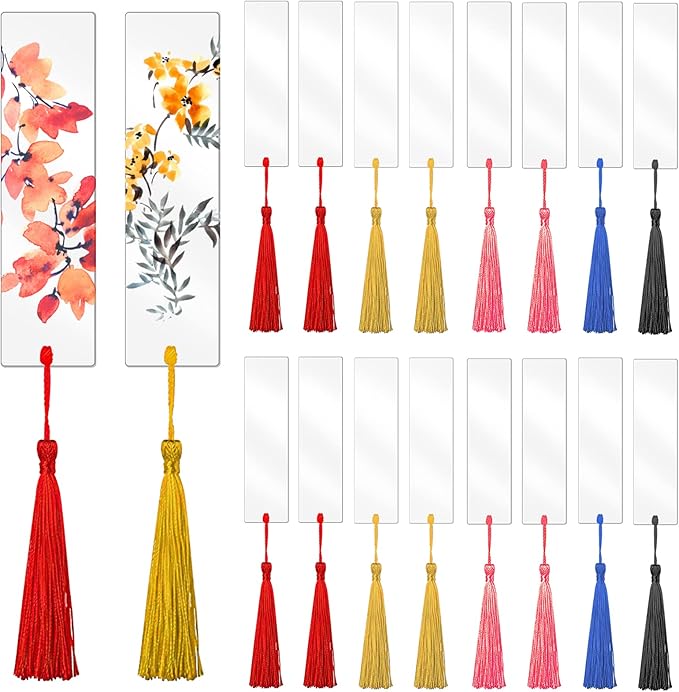 25 Pcs Acrylic Bookmark Blanks for Women with 25 Pieces Colorful Tassel for DIY Clear Bookmarks Crafts School Gift Bags Book Lovers Readers Gifts Christmas Stocking Stuffers (5.5X 0.9 Inch)