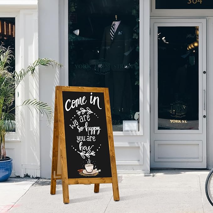 Wooden A-Frame Sign, Magnetic 40" x 20" Yellowish-Brown Chalk Board Sign Board, Double-Sided Sandwich Board Signs Outdoor, Chalkboard Easel, Menu Board for Restaurant, Business or Wedding