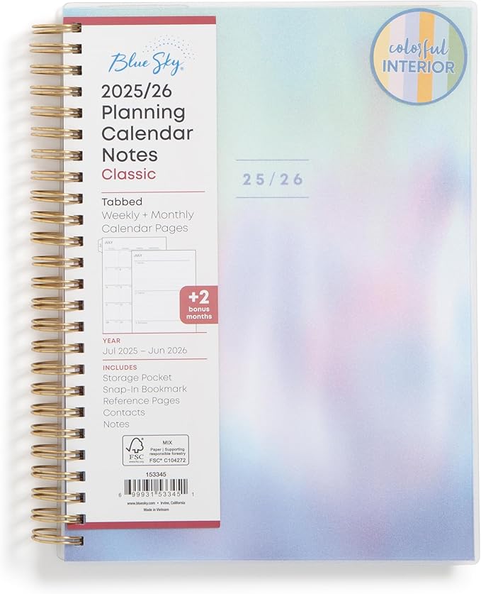Blue Sky 2025-2026 Weekly and Monthly Academic Year Planner Calendar, July 2025 - June 2026, 5.8" x 8.6", Flexible Cover, Wirebound, Laminated Tabs, Storage Pocket, Borealis