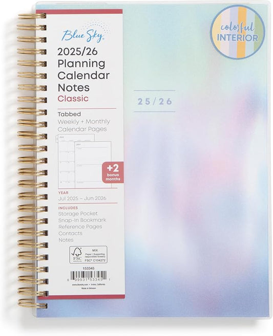 Blue Sky 2025-2026 Weekly and Monthly Academic Year Planner Calendar, July 2025 - June 2026, 5.8" x 8.6", Flexible Cover, Wirebound, Laminated Tabs, Storage Pocket, Borealis