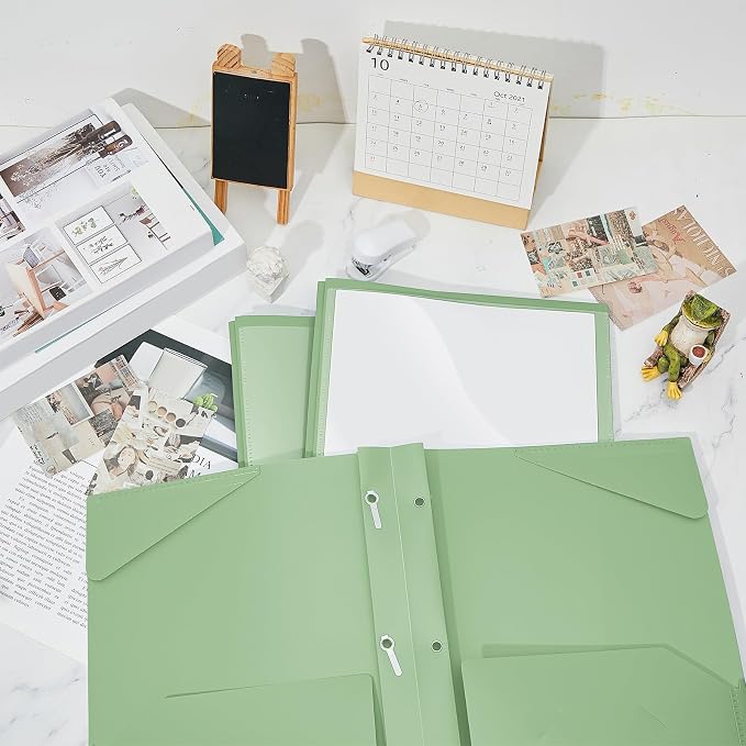 Henoyso 36 Pcs Plastic Folder with Clear Front Pocket and 3 Prong Plastic Folders with Card Slot Pocket Folders with Prongs for School Office (Sage Green)