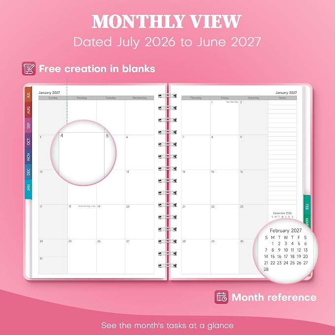 Planner 2026-2027 Monthly and Weekly Academic Planner July 2026 - June 2027, Hardcover Calendar 2026-2027 Agenda Daily Planner for Student Teacher School Office Supplies, 6" x 8.3", Pink Ombre
