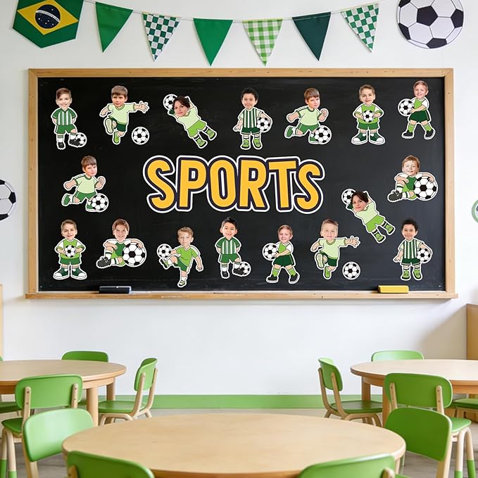 Whaline 50 Pcs Soccer Ball DIY Cutouts Sports Ball Cut-Outs Soccer Player Paper Cutting with 100 Pcs Glue Points for Crafts Birthday Party Classroom Bulletin Board Photo