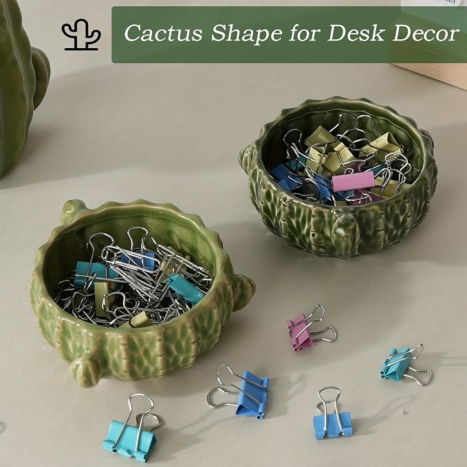 Ceramic Paper Clip Holder, 2 Pcs Green Cactus-Shaped Binder Clip Box Cute Office Decor Supplies for Desk Organizer (Cactus Green)