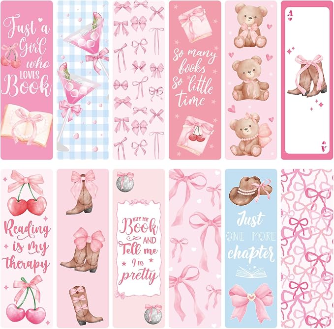 Coquettte Bows Paper Bookmarks for Women - 24 Pcs Pink Bow Cherry Paper Bookmarks for Girl, Cute Panda Cowboy Hat Bookmarks Creative Gift for Girlfriend Student Teacher Book Lover