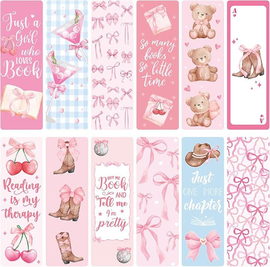 Coquettte Bows Paper Bookmarks for Women - 24 Pcs Pink Bow Cherry Paper Bookmarks for Girl, Cute Panda Cowboy Hat Bookmarks Creative Gift for Girlfriend Student Teacher Book Lover