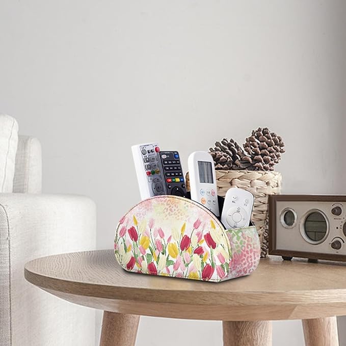 FUSURIRE Storage Box for Remote Controls, Easter Flower Leopard Print 5 Compartments PU Leather Remote Controllers Holder, Easter Theme Cosmetic Box Pen Pencil Organizer for Study Living Room
