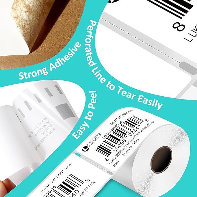 L LIKED 18 Rolls 2-5/16" x 4" Thermal Shipping Address Labels, Perforated Line, Compatible with Rollo/Zebra/DYMO 30256, 5400(18 Rolls×300 Barcode Postage Labels for Desktop Printers