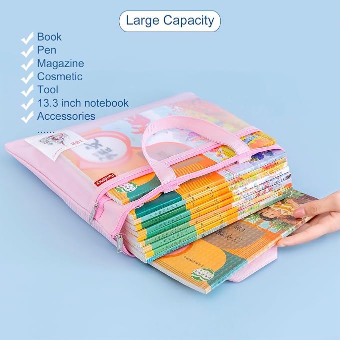 Pendancy Mesh Zipper Pouch 11x13.7 in, Large Double Pocket Waterproof File Bag with Handle, A4 Size Foldable Document Storage for Puzzle Project/Cross Stitch/Travel/Office（Pink）