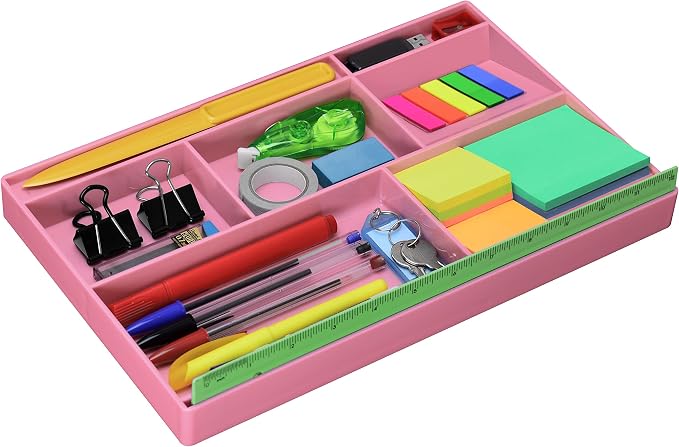 Acrimet Desk Drawer Organizer Tray with 8 Compartments – Multi-Purpose Bin for Office Supplies, Makeup, and Accessories – Fits inside Drawers or Desktops, 12.75" x 8" x 1.06" (Plastic) (Pink Color)