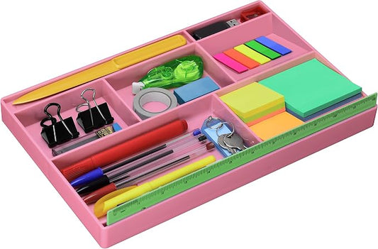 Acrimet Desk Drawer Organizer Tray with 8 Compartments – Multi-Purpose Bin for Office Supplies, Makeup, and Accessories – Fits inside Drawers or Desktops, 12.75" x 8" x 1.06" (Plastic) (Pink Color)