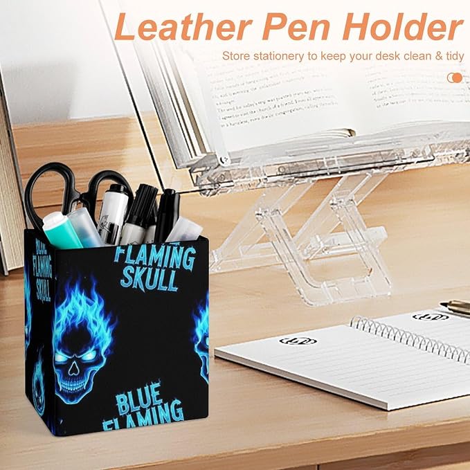 Holder Cup Makeup Brush Storage Organizer, Waterproof Multifunctional Office Supplies, Pen Holder Square Leather Pencil Blue Flaming Fire Skull