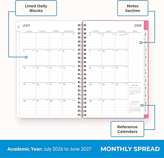 Blue Sky 2026-2027 Weekly and Monthly Academic Year Planner Calendar, July 2026 - June 2027, 5" x 8", Flexible Cover, Wirebound, Laminated Tabs, Roosevelt Pink