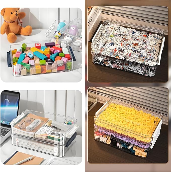 2 Pcs Plastic Portable Project Case, Clear Stackable Storage Boxes Organizer for A4 Files, Scrapbooks, Art Supplies (‎Blue Latch, Large)