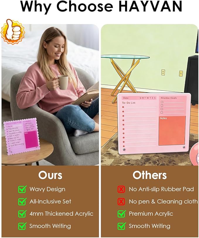 HAYVAN 12"x10" Acrylic Pink Dry Erase Board - Tabletop Whiteboard with 2 Markers, 2 Metal Stands & 1 Cleaning Cloth, 4mm Thick to-Do List Memo Board for Office, Home, School